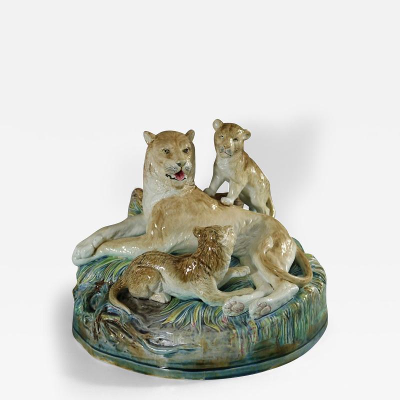 Brown Westhead Moore Majolica Lioness Cubs Vase