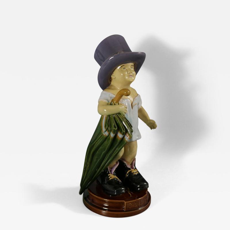 Brownfield Majolica Figure of a Child Titled PAPA