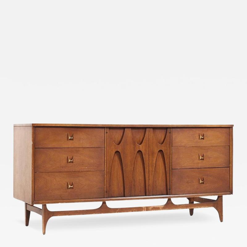 Broyhill Brasilia Mid Century Walnut and Brass 9 Drawer Lowboy Dresser