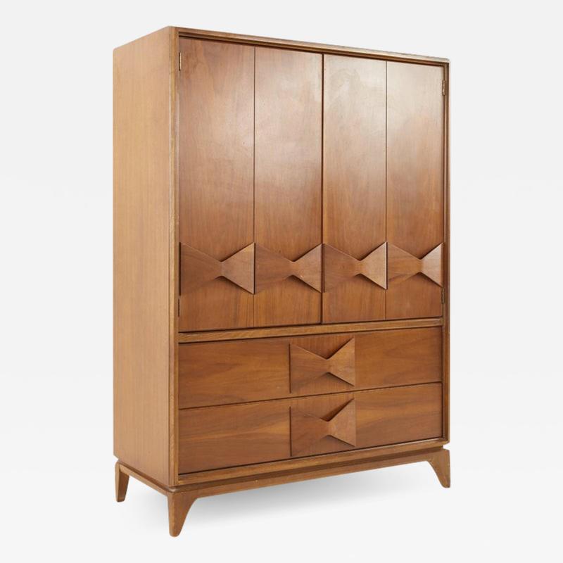 Broyhill Brasilia Style Kroehler Brutalist Walnut Armoire Highboy Dresser