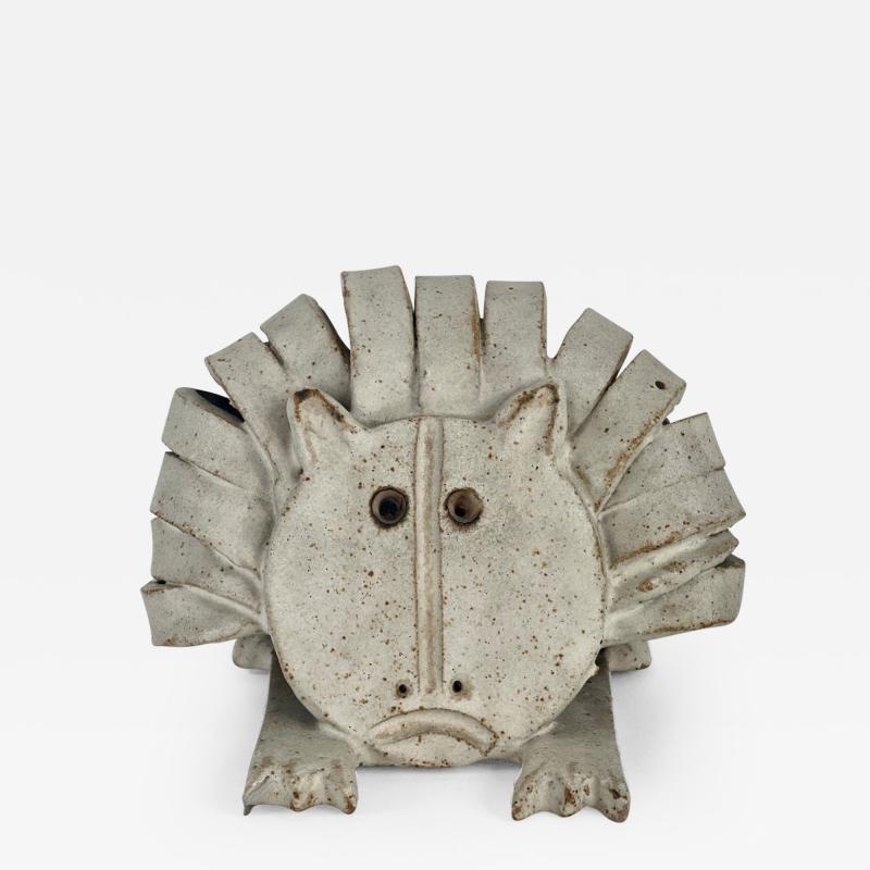 Bruno Gambone Late 20th Century Matt White Stoneware Crouched Lion Sculpture by Bruno Gambone