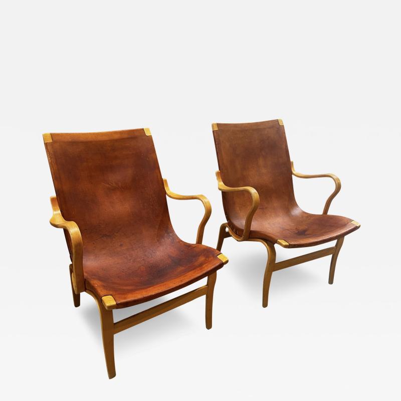 Bruno Mathsson Pair of Bruno Mathsson Eva Chairs in Cognac Original Leather Sweden 1970s