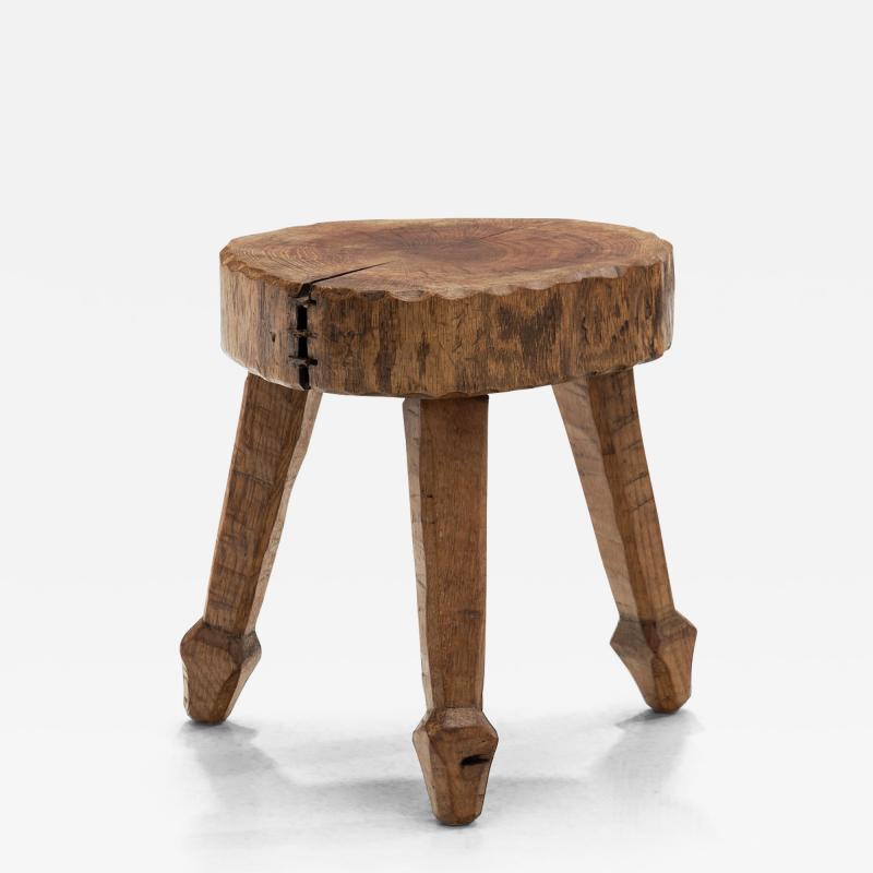 Brutalist Carved Oak Stool Belgium 1950s