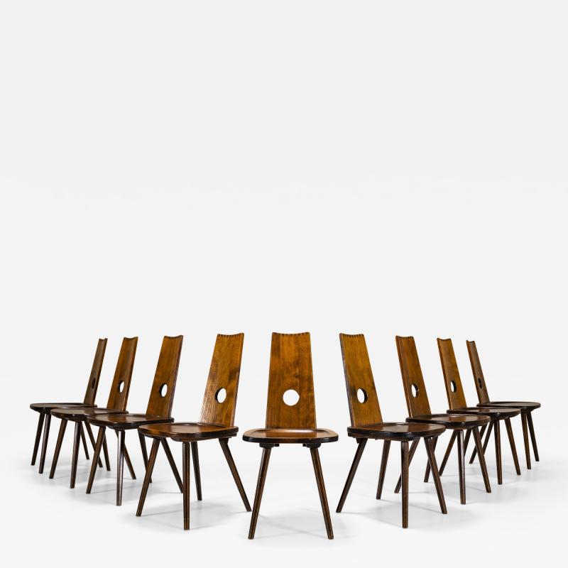 Brutalist Dining Chairs in Solid Cherry Wood Set of 9 France 1960s