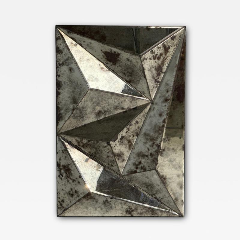 Brutalist Geometric Wall Mirror Distressed Beveled Glass Wood 21st C 