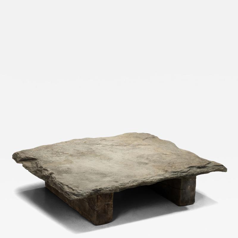 Brutalist Low Coffee Table in Slate Stone and Pine Spain 1960s
