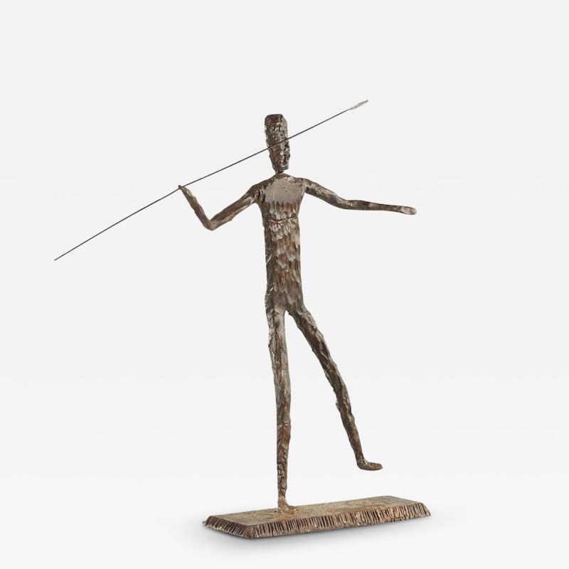 Brutalist Mid Century Man Throwing Spear Steel Sculpture