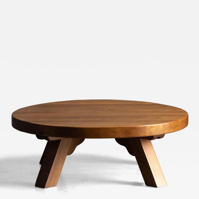 Brutalist Oak Round Coffee Table France 1950s