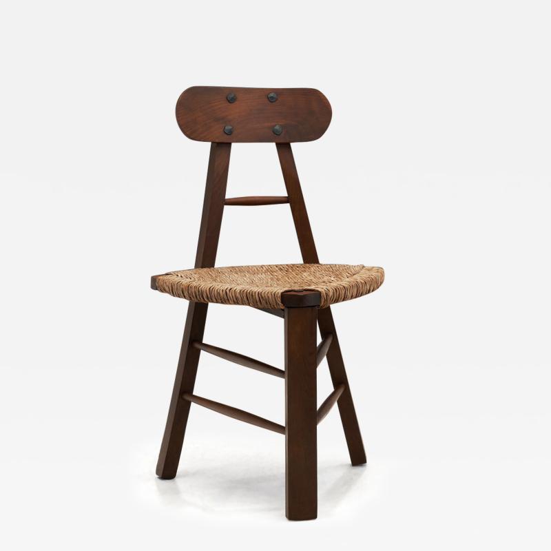 Brutalist Oak and Cane Tripod Chair Europe 20th Century