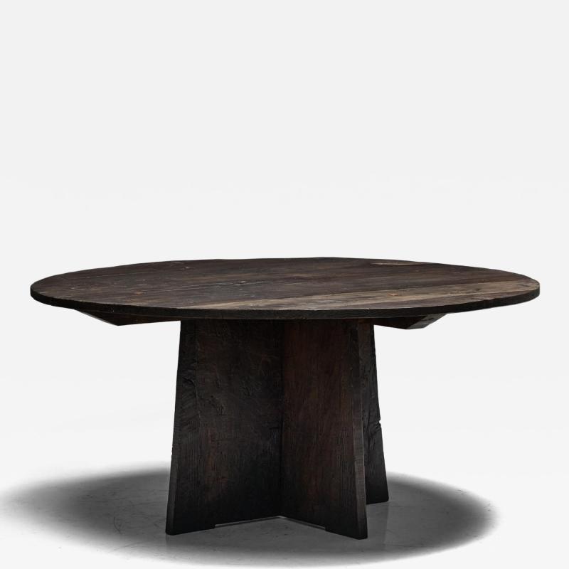 Brutalist Round Dining Table in Reclaimed Wood France 20th Century