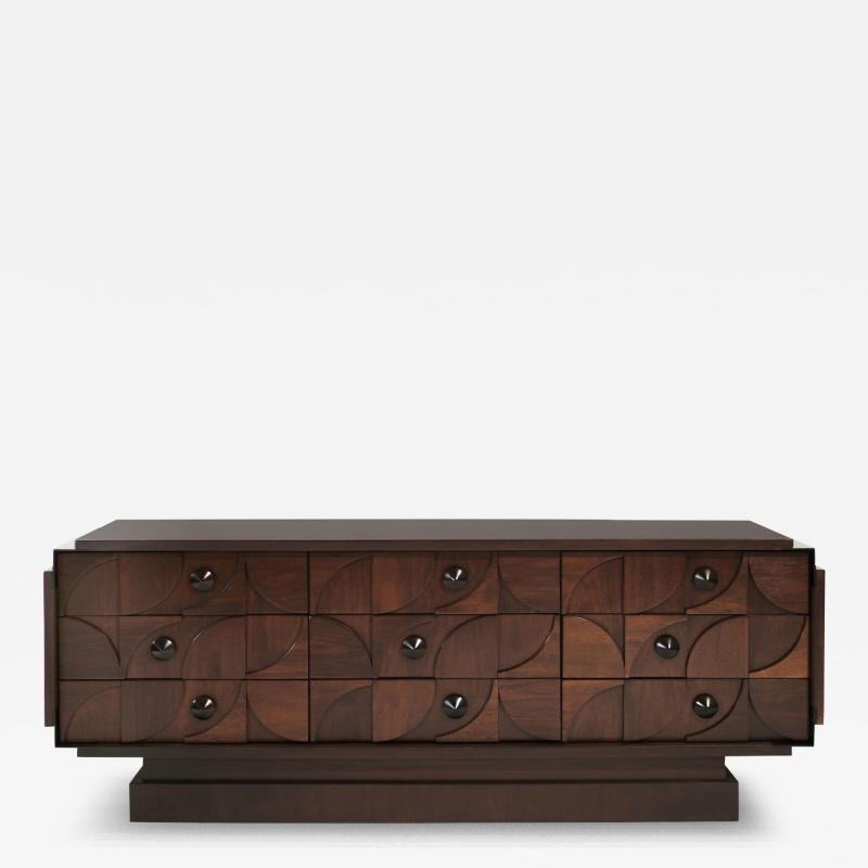 Brutalist Sculptural Walnut Dresser with ORB Accents and Hardware C 1970s