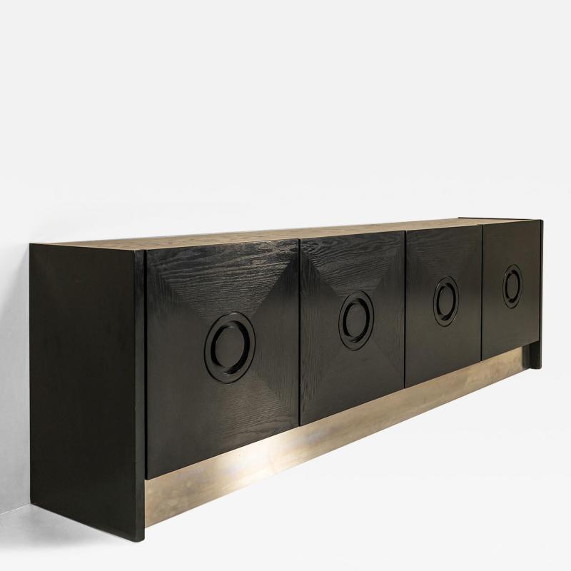 Brutalist Sideboard In Black Stained Oak And Brushed Steel Belgium 1970s 