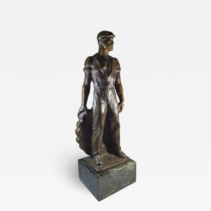 Brutalist Social Realist Male Industrial Worker Bronze Sculpture