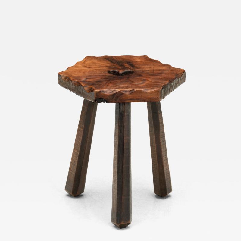 Brutalist Wooden Tripod Stool with Carved Heart Detail Spain 1960s