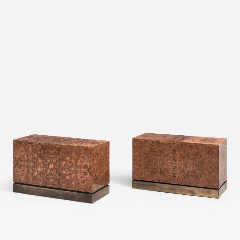 Burl Wood and Brass Trunk End Tables Jean Claude Mahey 1970