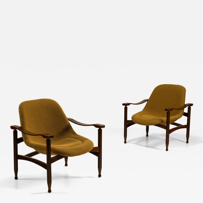 Busnelli Pair of Tiki Armchairs in Ochre Fabric by Busnelli Italy 1960s