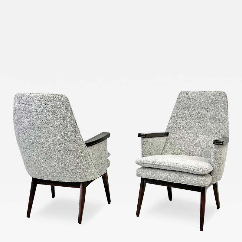 Button Tufted Mid Century Modern Lounge Chairs in Salt Pepper Boucle Walnut
