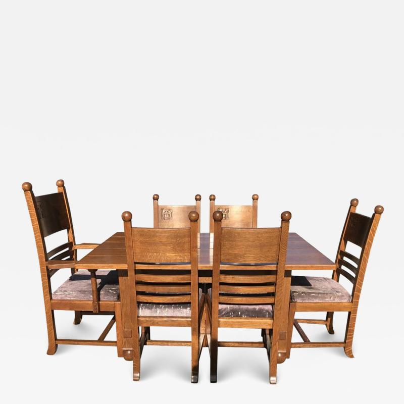 C F A Voysey Liberty Co style of CFA Voysey Arts Crafts Oak Dining Set with Ball Finials