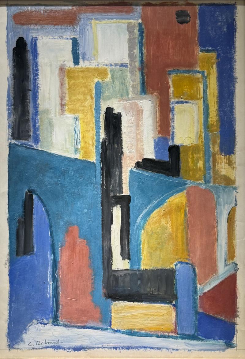 C Riboud Mid Century Cubist Abstract Painting Architectural Composition