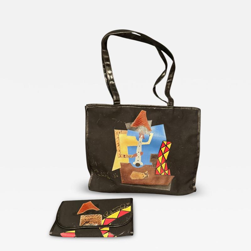 CARLOS FALCHI PICASSO STYLE THE FLAUTIST SNAKESKIN LIZARD FABRIC HANDBAG WALLET SET