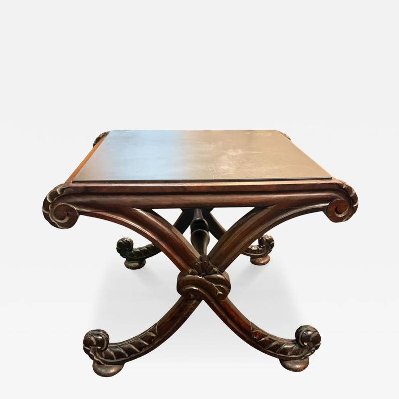 CARVED MAHOGANY PRINCE OF WALES PLUME X BASE SLATE TOP TABLE