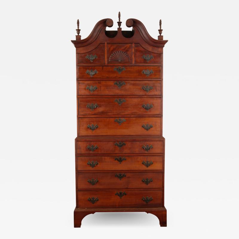 CHIPPENDALE BONNET TOP CHEST ON CHEST WITH CARVED FAN DRAWER FACE