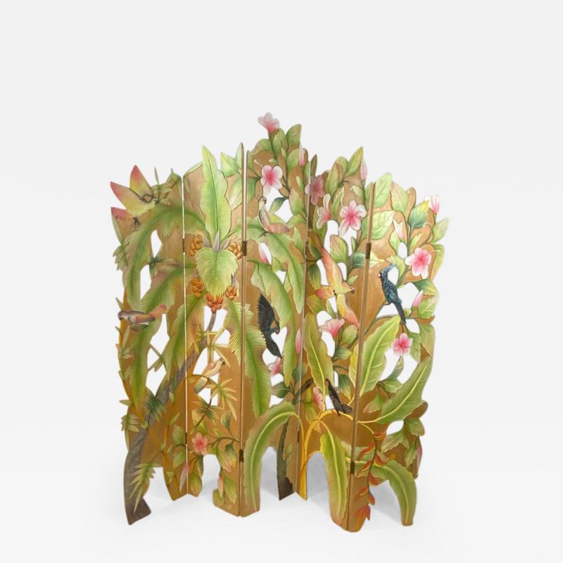 COLORFUL TROPICAL BIRDS AMONGST EXOTIC FOILAGE PAINTED CARVED WOOD ROOM SCREEN