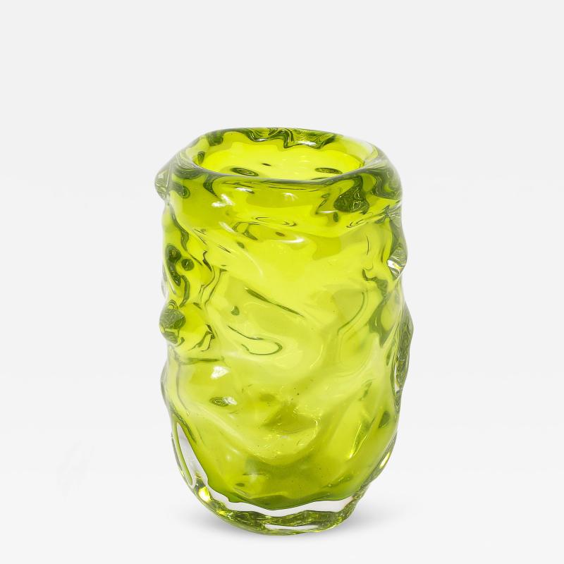 Caleb Siemon Modernist Hand Blown Undulating Art Glass Peridot Green Vase signed Caleb Siemon
