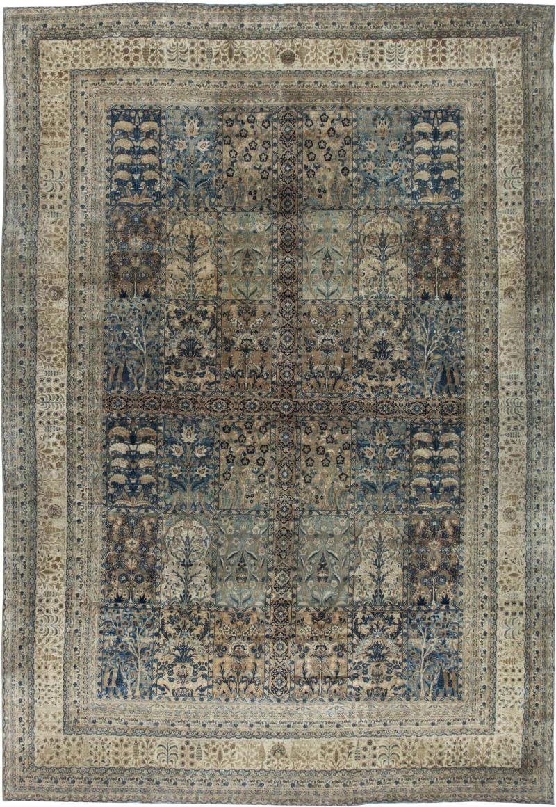 Camel and Pastel Blue Antique Persian Kirman Rug