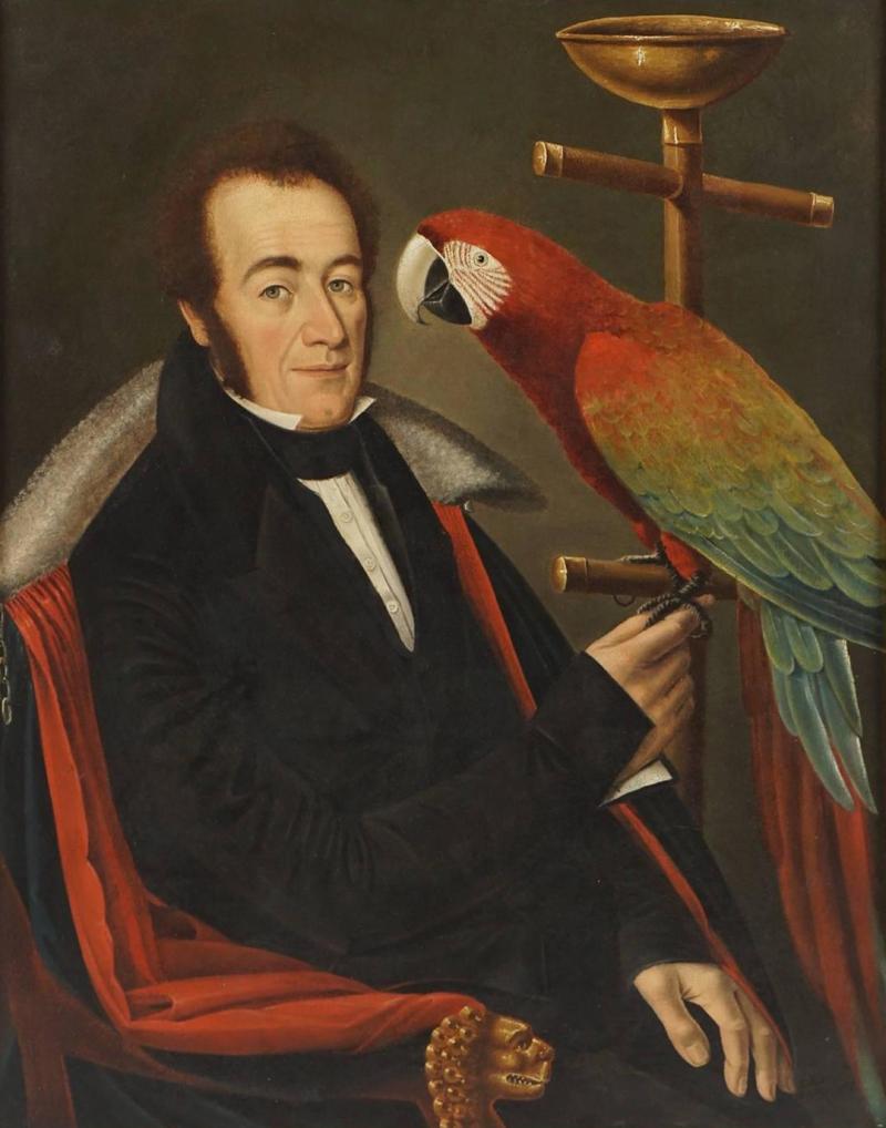 Camilo Domeniconi Gentleman Portrait Painting with Pet Parrot Camilo Domeniconi