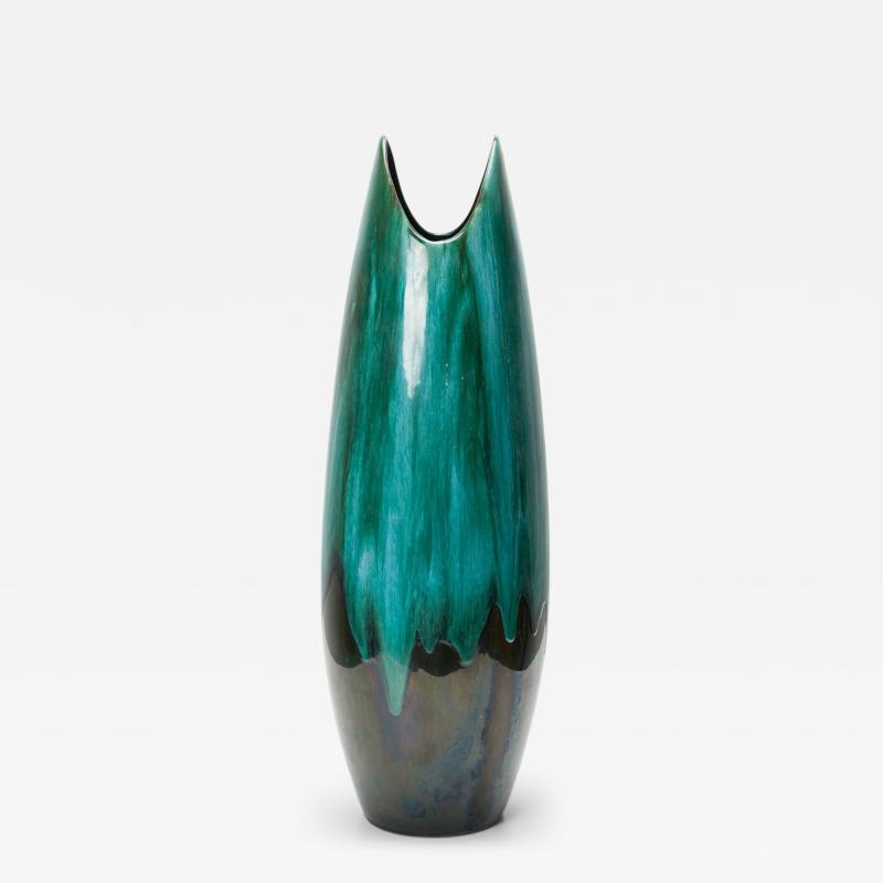 Canadian Mid Century Tapered Scooped Rim Multi Tonal Green Drip Glazed Ceramic V