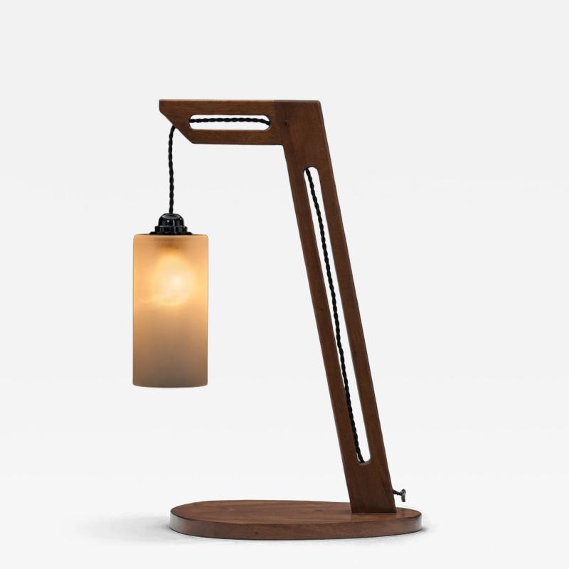 Cantilever Wooden Table Lamp with Suspended Glass Shade Europe 1980s