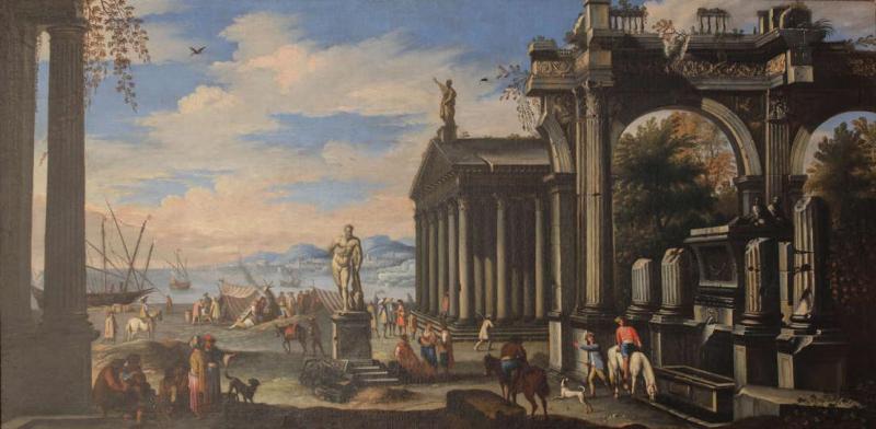 Capriccio of Mediterranean Port and Classical Architectural Ruins Oil on Canvas