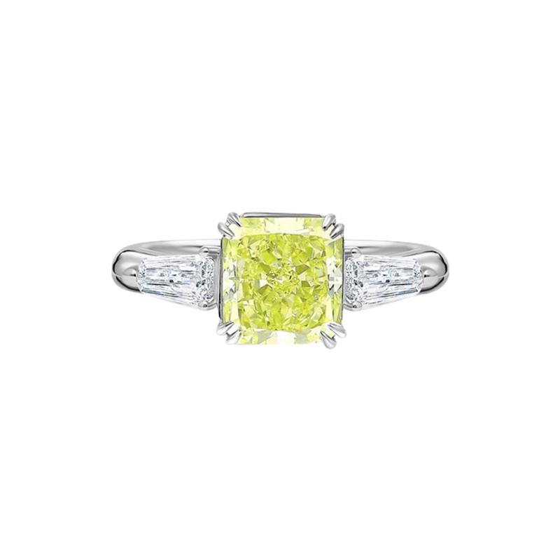 Carat Fancy Yellow Green Radiant Cut Diamond 3 Stone Ring in 18K White Gold