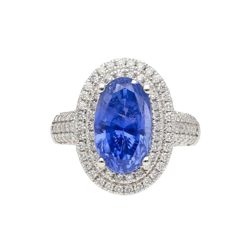 Carat No Heat Oval Cut Blue Sapphire and Diamond Halo 18K Ring GRS Certified