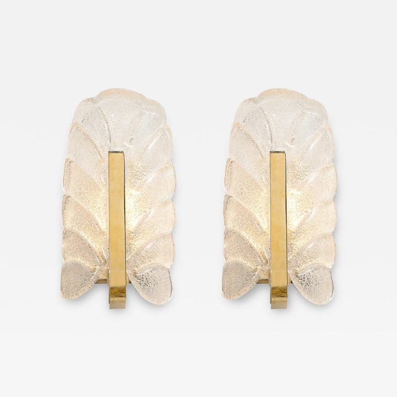 Carl Fagerlund Mid Century Mottled Glass Brass Leaf Sconces by Carl Fagerlund for Orrefors