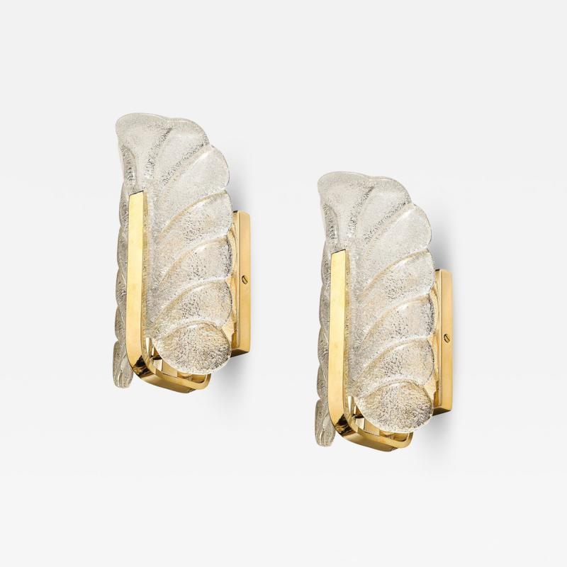 Carl Fagerlund Mid Century Mottled Glass Brass Leaf Sconces by Carl Fagerlund for Orrefors