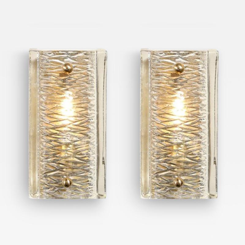 Carl Fagerlund Mid Century Textured Glass Brass Fitted Sconces by Carl Fagerlund for Orrefors