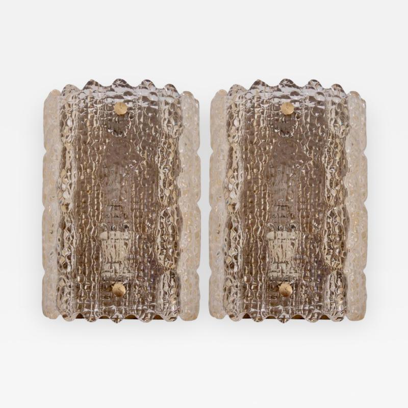 Carl Fagerlund Pair of Brass Carl Fagerlund Wall Lamps by Lyfa and Orrefors in Yellowish Glass