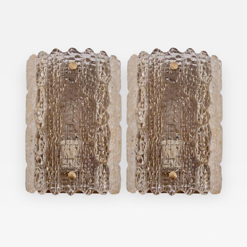 Carl Fagerlund Pair of Brass Carl Fagerlund Wall Lamps by Lyfa and Orrefors in Yellowish Glass