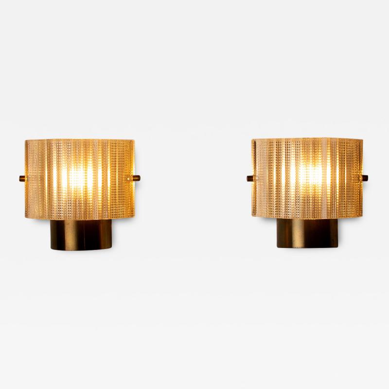 Carl Fagerlund Pair of Glass and Brass Wall Lights by Orrefors Sweden 1960s