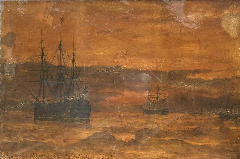 Carl Frederick Sorensen ANTIQUE GOAUCHE ON PAPER SHIPS IN STOCHOLM BY C FREDERIK SORENSEN
