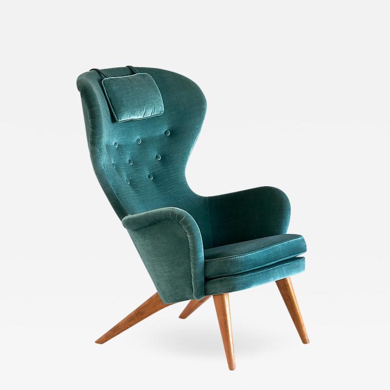 Carl Gustaf Hoirt af Orn s Carl Gustav Hiort Af Orn s Wingback Armchair in Teal Velvet Finland 1952