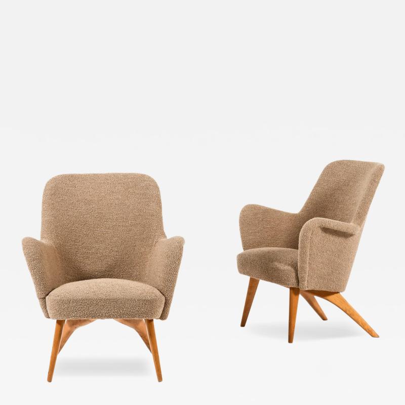 Carl Gustav Hiort af Orn s Carl Gustaf Hiort af Orn s Pair of Easy Chairs in Birch Newly Reupholstered in Wool Fabric 1950s