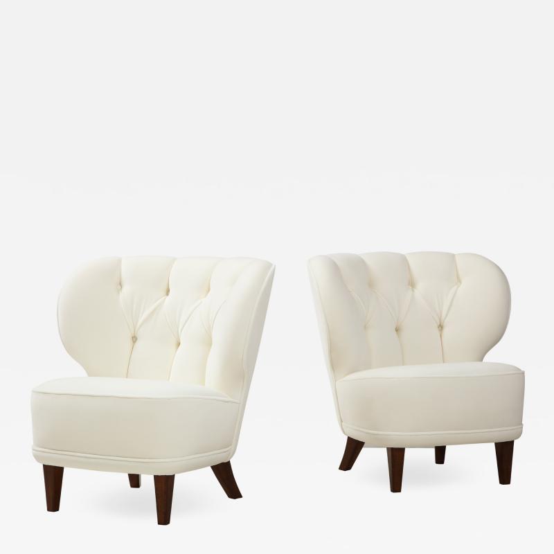 Carl Johan Boman Rare Pair of Ivory Velvet Tufted Easy Chairs by Carl Johan Boman