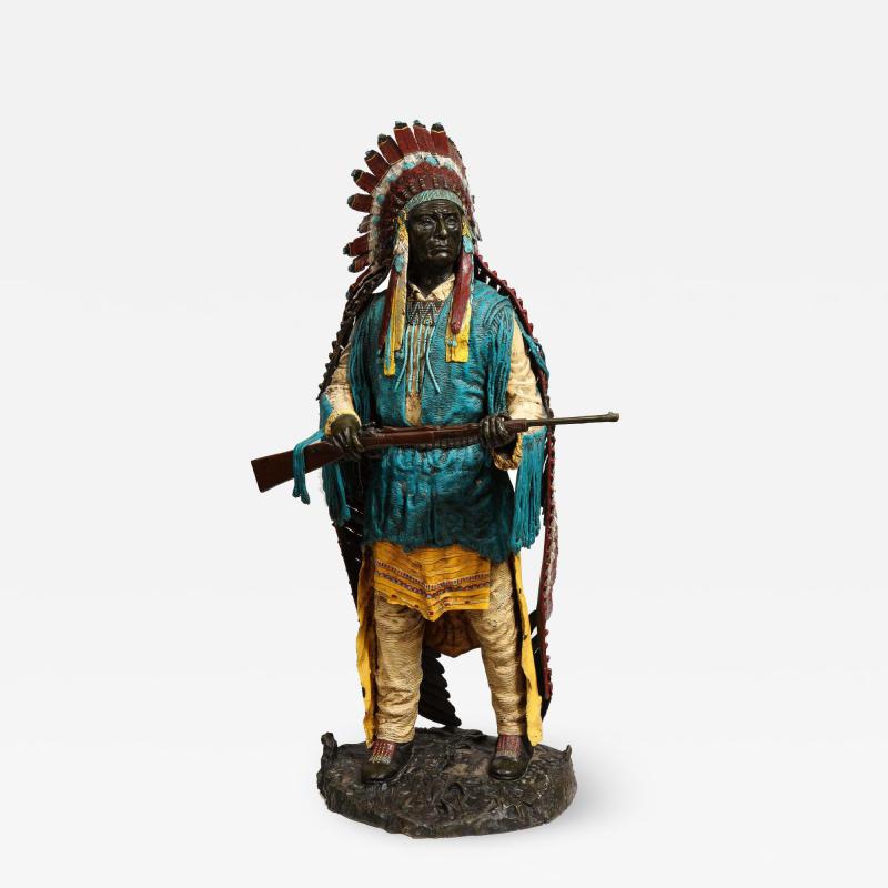 Carl Kauba Near Life Size Polychrome Bronze of a Native American Indian Chief after Kauba