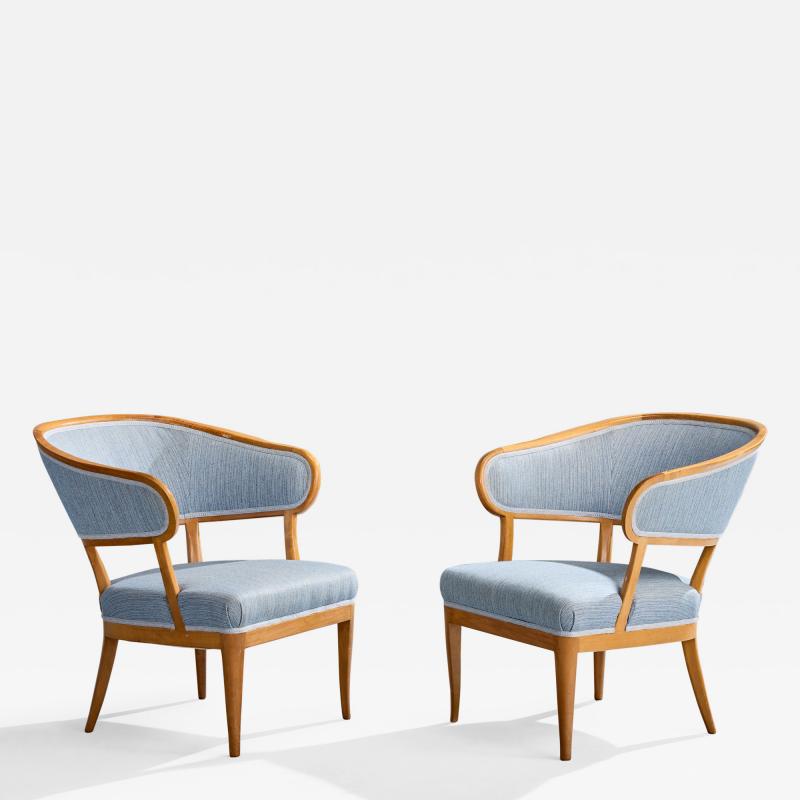 Carl Malmsten Lounge Chairs with Walnut Fabric Sweden 1950s