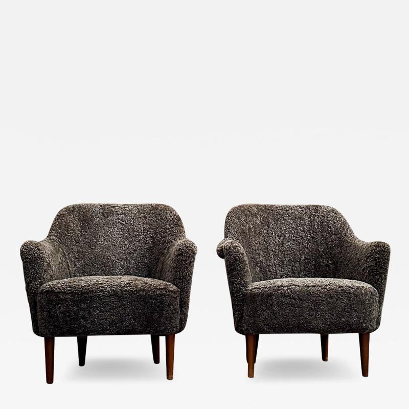 Carl Malmsten Midcentury Sheepskin Shearling Carl Malmsten Model Samspel Lounge Chairs