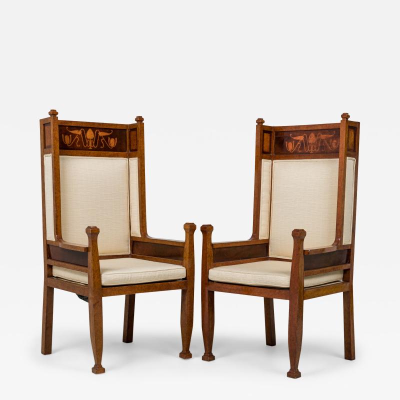 Carl Malmsten Pair of Carl Malmsten Art Deco Swedish Inlaid High Back Upholstered Armchairs