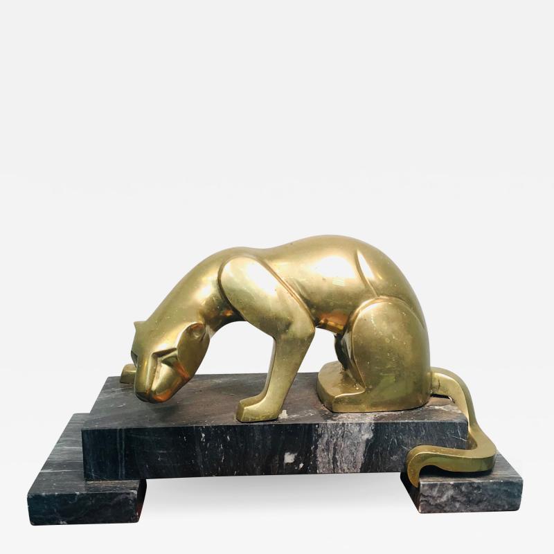 Carlo Bugatti Modernist Pair Of Cubist Cast Brass Panthers On Black Marble Bases